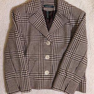 EUC Lauren Ralph Lauren Brown Houndstooth Silk Wool Jacket Small hits at waist